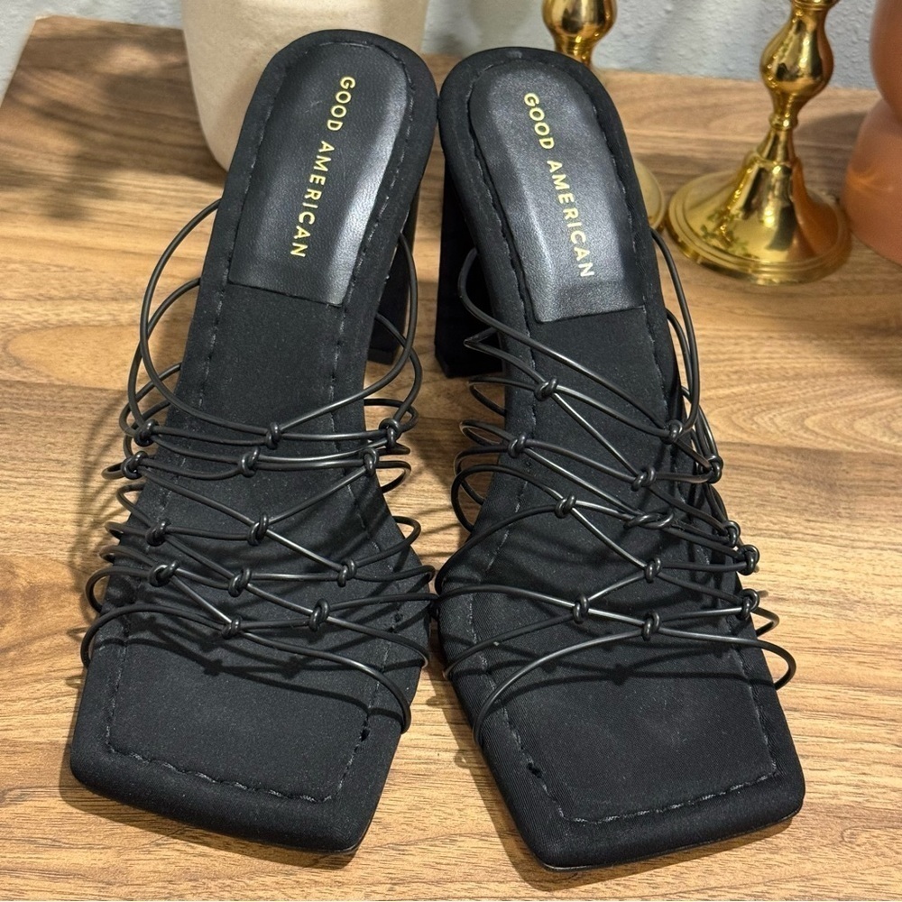 Good American Size 7.5 Black Neoprene Caged Mule Block Heel Scrappy Event Party